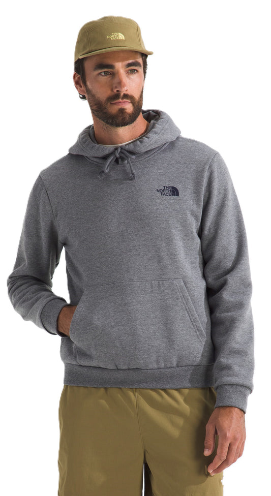 Man in gray hoodie and khaki hat with logo on the chest.