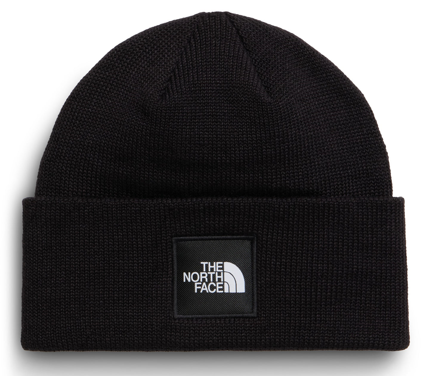 A black knitted beanie featuring a square patch on the front with the text "THE NORTH FACE" in white.