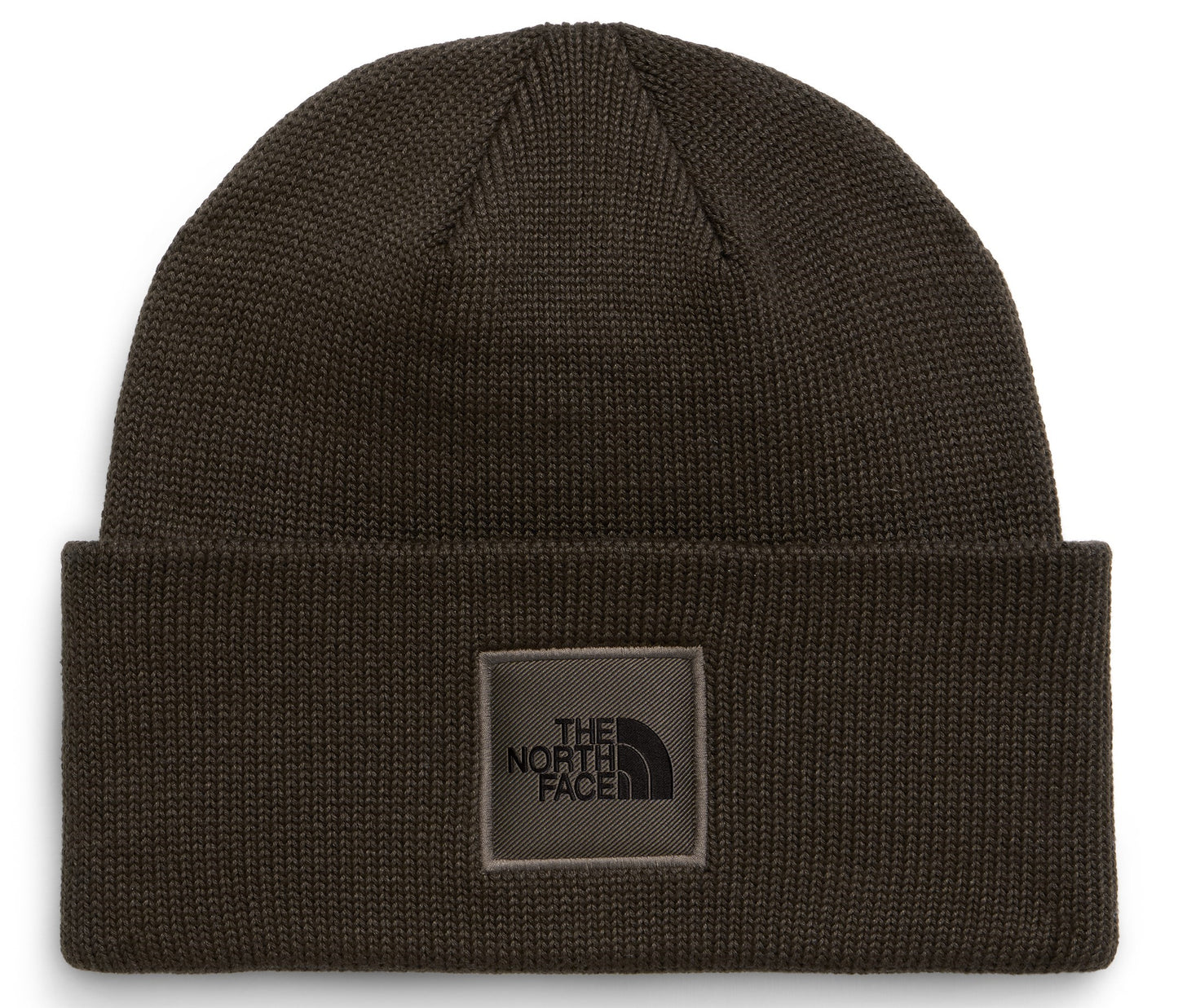 A dark olive green knit beanie with a folded cuff featuring a square patch on the front that displays the text THE NORTH FACE and a mountain silhouette logo.