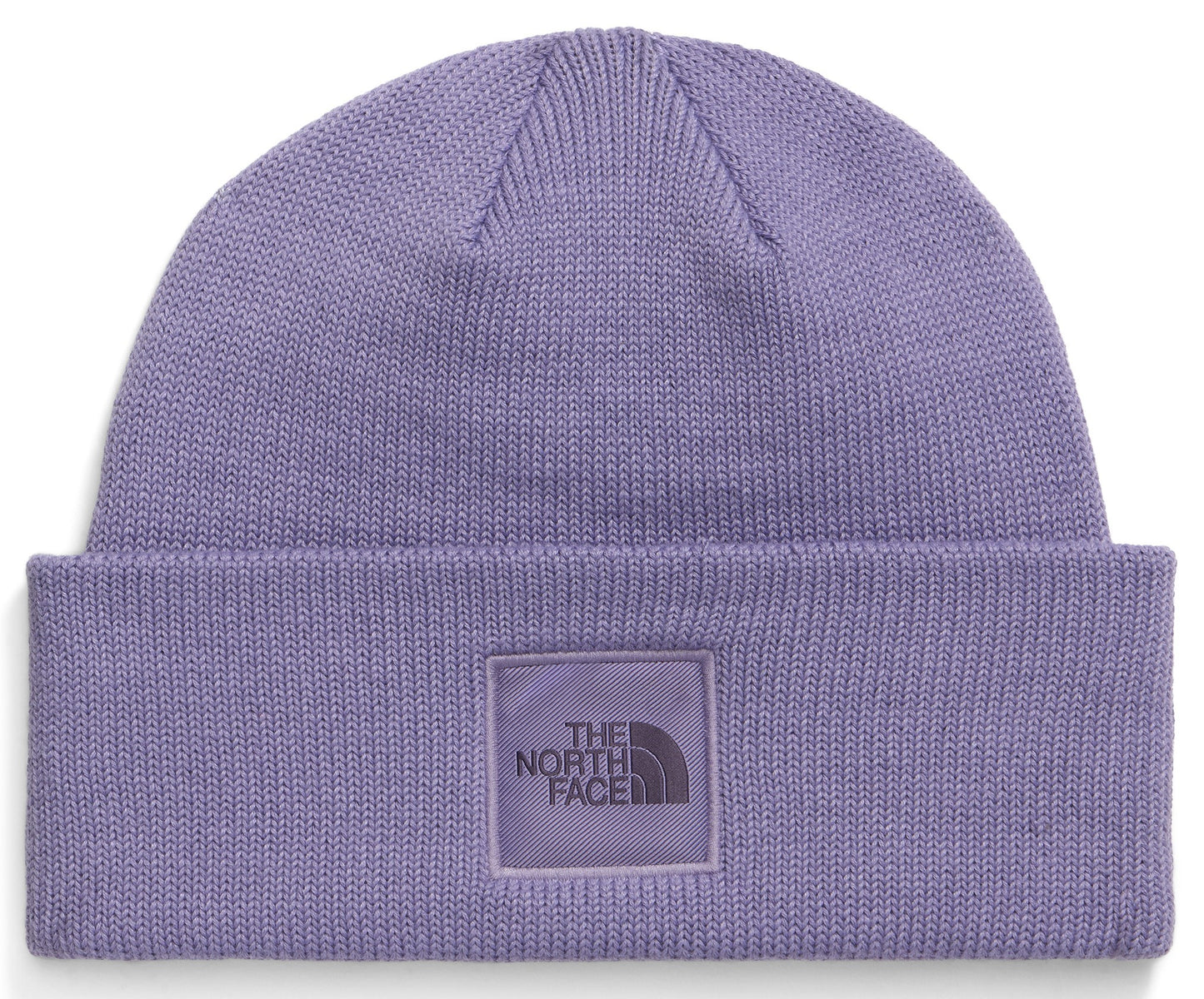 A light purple, knit beanie with a folded cuff and a square, light purple logo patch centered on the front that features the text THE NORTH FACE.