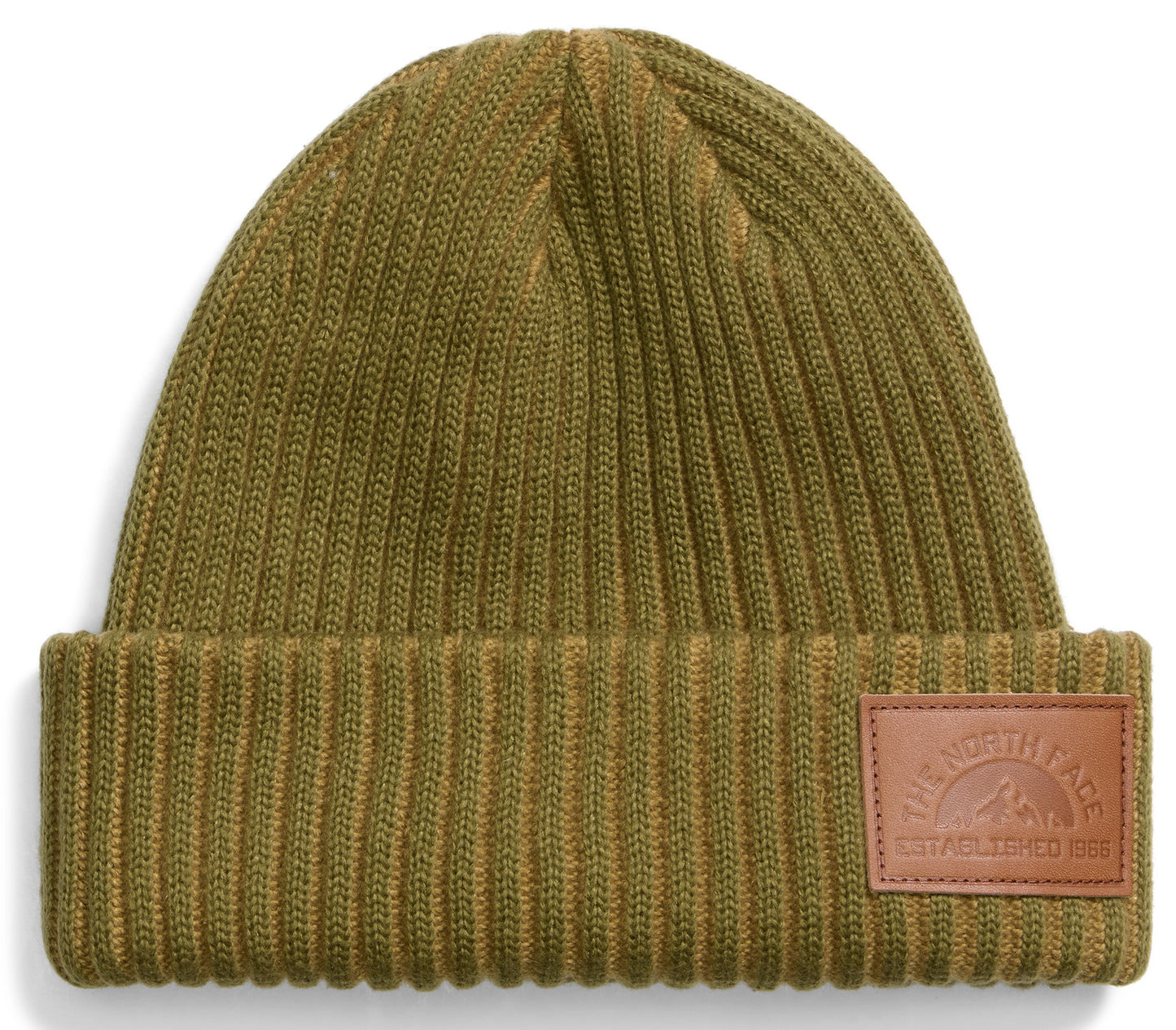 A ribbed, olive-green cuffed beanie with a square brown leather patch on the front, embossed with the text The North Face Established 1966 and a mountain logo.
