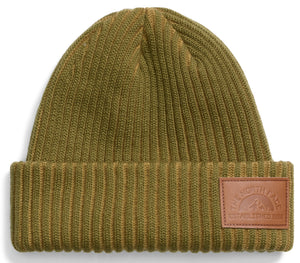 A ribbed, olive-green cuffed beanie with a square brown leather patch on the front, embossed with the text The North Face Established 1966 and a mountain logo.