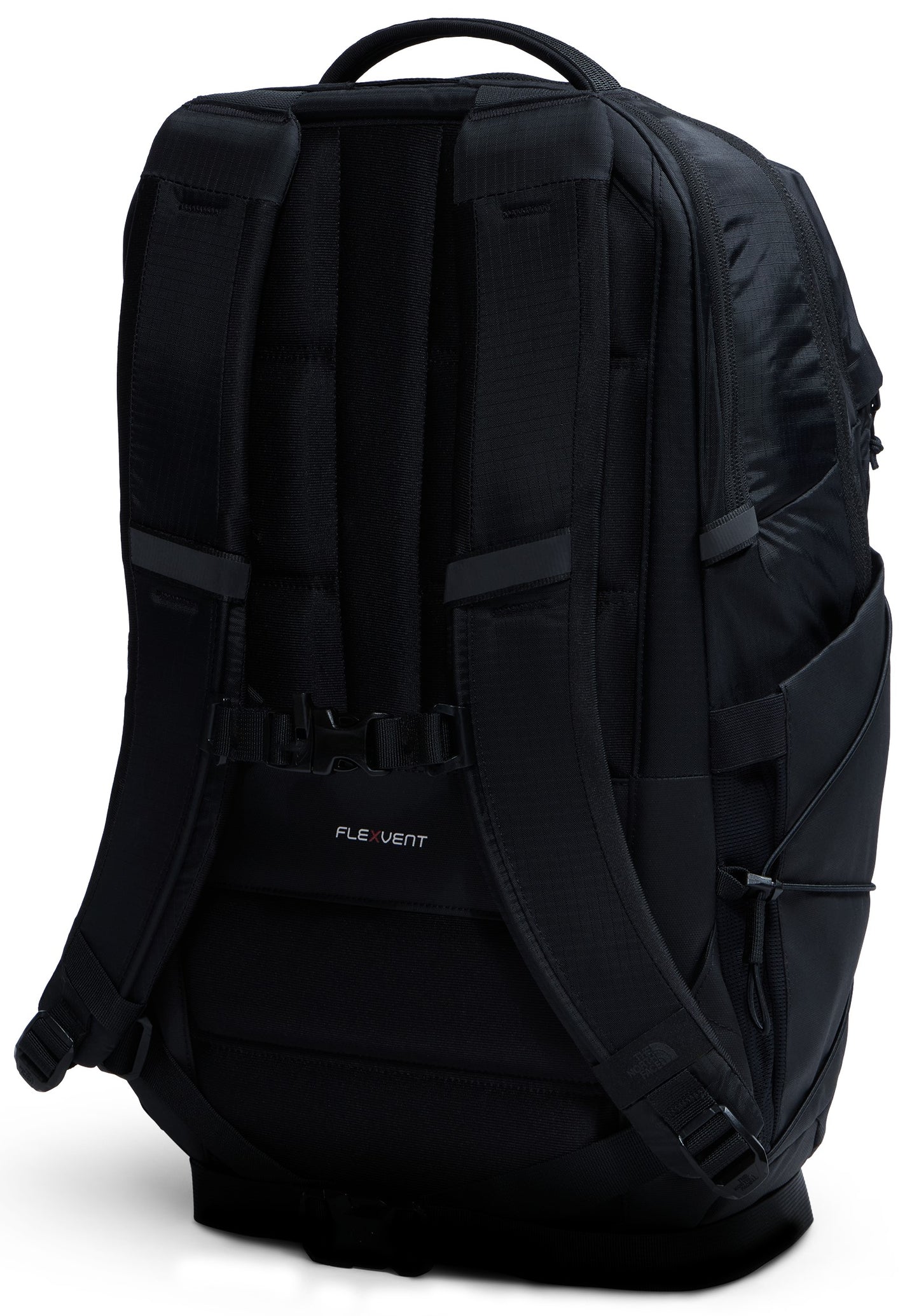 A black backpack shown from the rear view, featuring padded shoulder straps with a sternum strap, a top carry handle, and a FlexVent back panel.