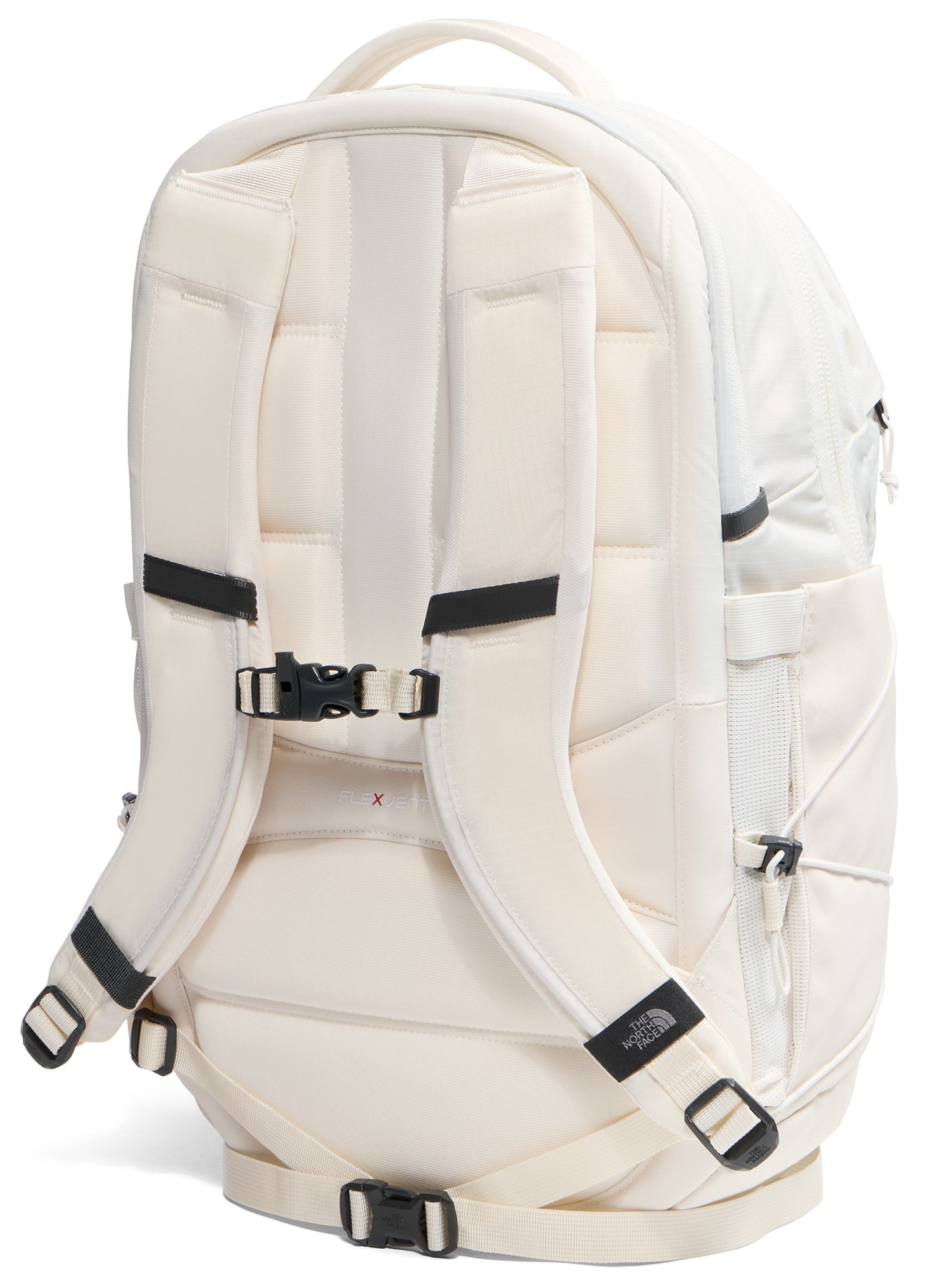 The back view of an off-white backpack featuring padded shoulder straps with an adjustable chest strap, a padded back panel with horizontal segments, and adjustable waist straps at the bottom.