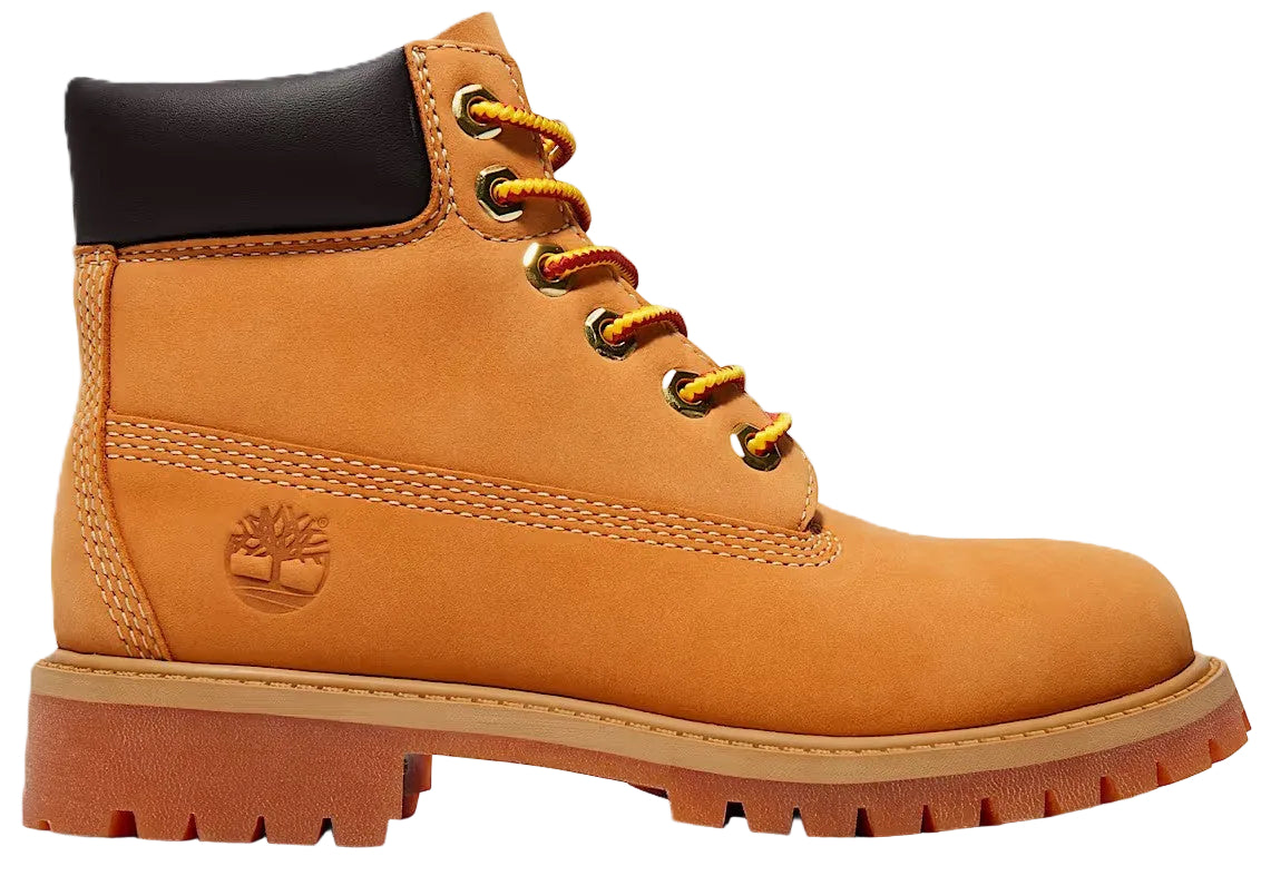 A classic wheat-colored nubuck leather work boot with a padded black leather ankle collar, brass eyelets, yellow and orange striped laces, a thick lugged gum-colored outsole, and a tree logo embossed on the side heel.