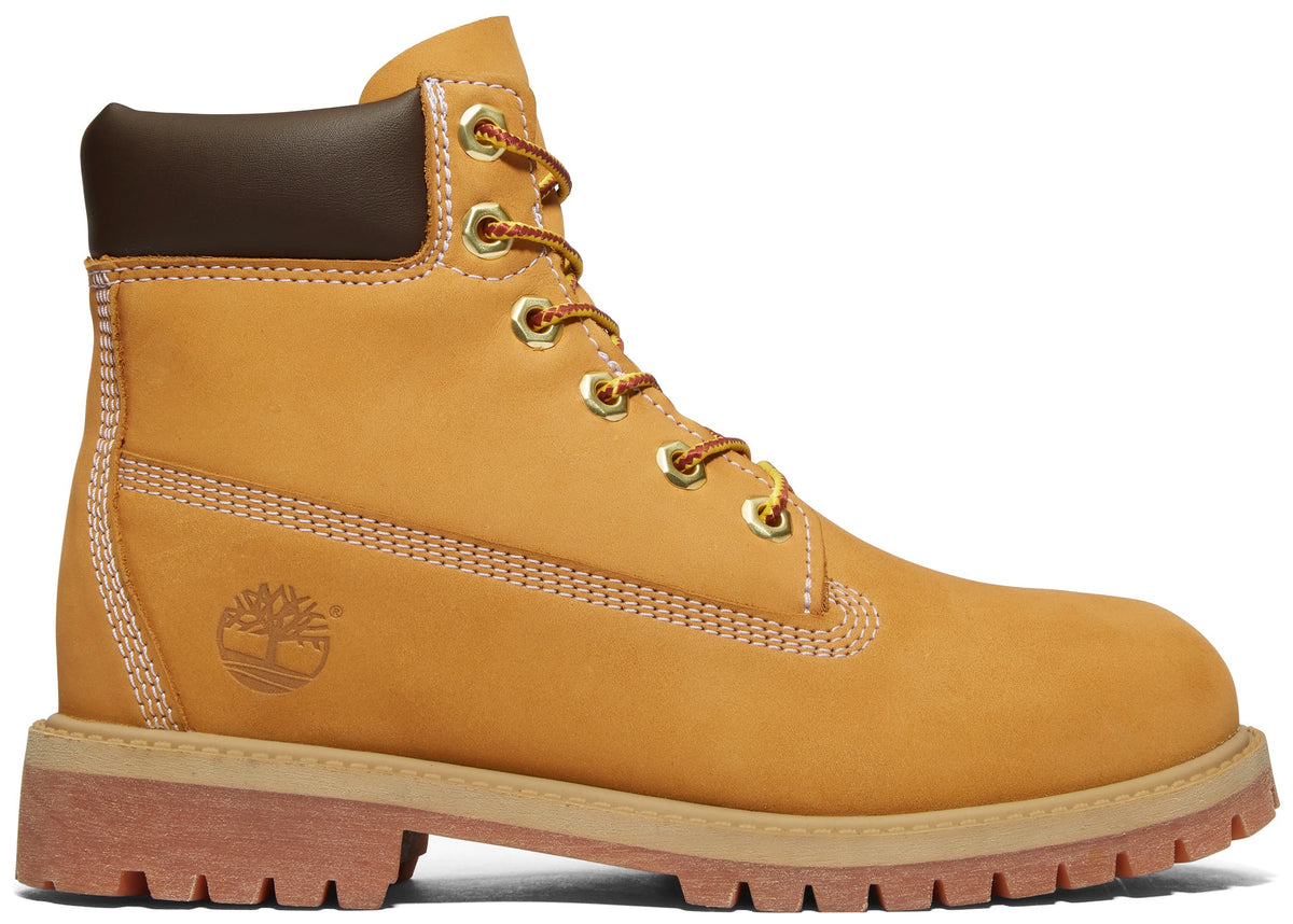 A tan wheat-colored classic waterproof lace-up leather boot featuring a dark brown padded ankle collar, a ridged tan rubber sole, and a embossed tree logo on the side heel.