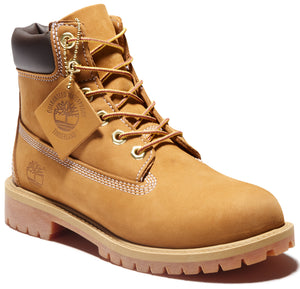 A tan nubuck leather waterproof lace-up work boot with a brown padded collar, gold-tone eyelets, a thick lugged rubber sole, and a square branded hang tag attached to the laces.