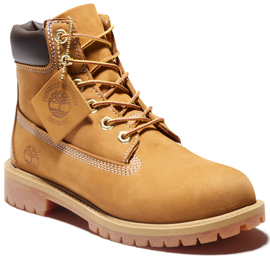 A tan nubuck leather waterproof lace-up work boot with a brown padded collar, gold-tone eyelets, a thick lugged rubber sole, and a square branded hang tag attached to the laces.
