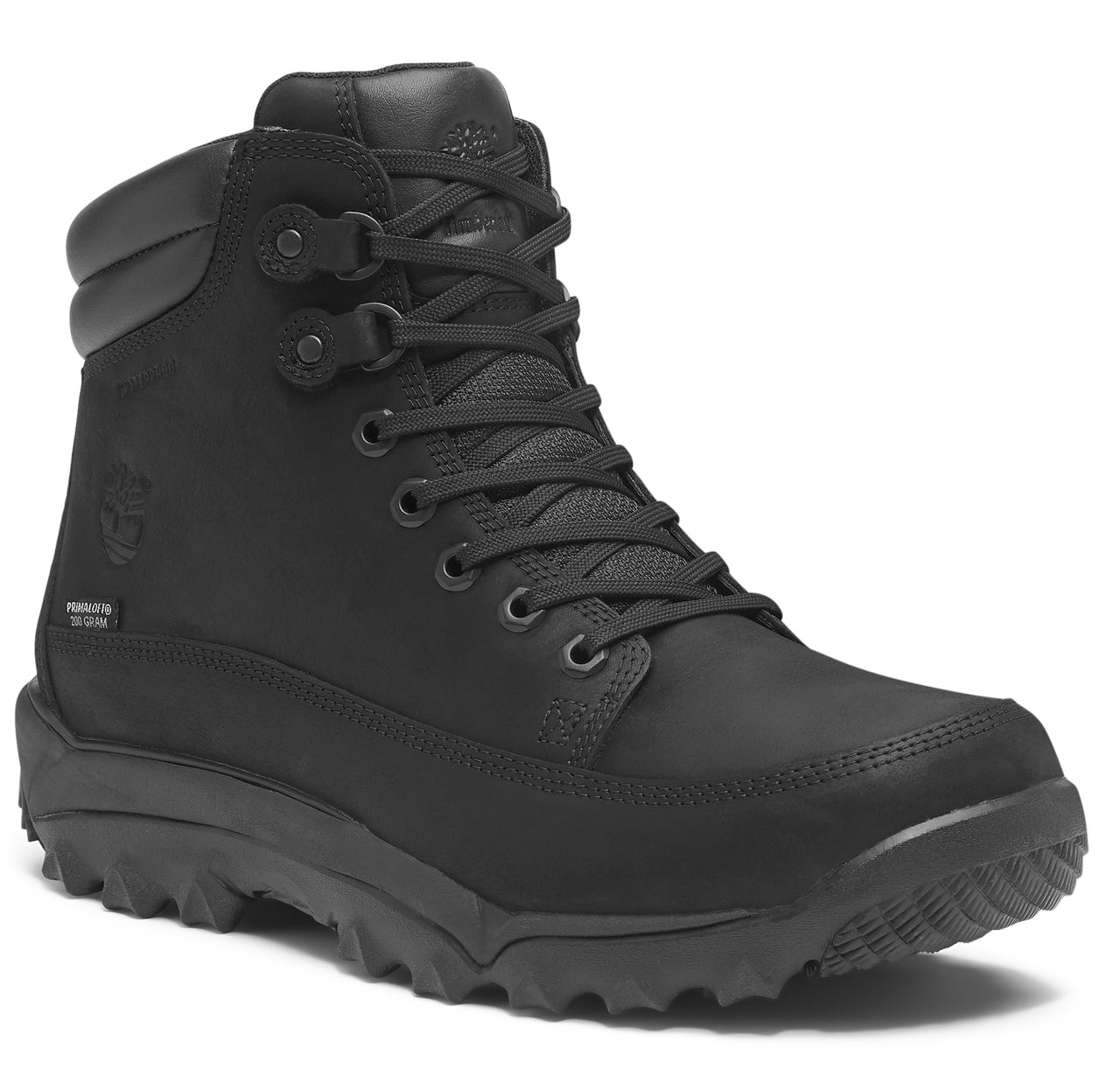 A black, ankle-high boot with laces and a thick, lugged sole.
