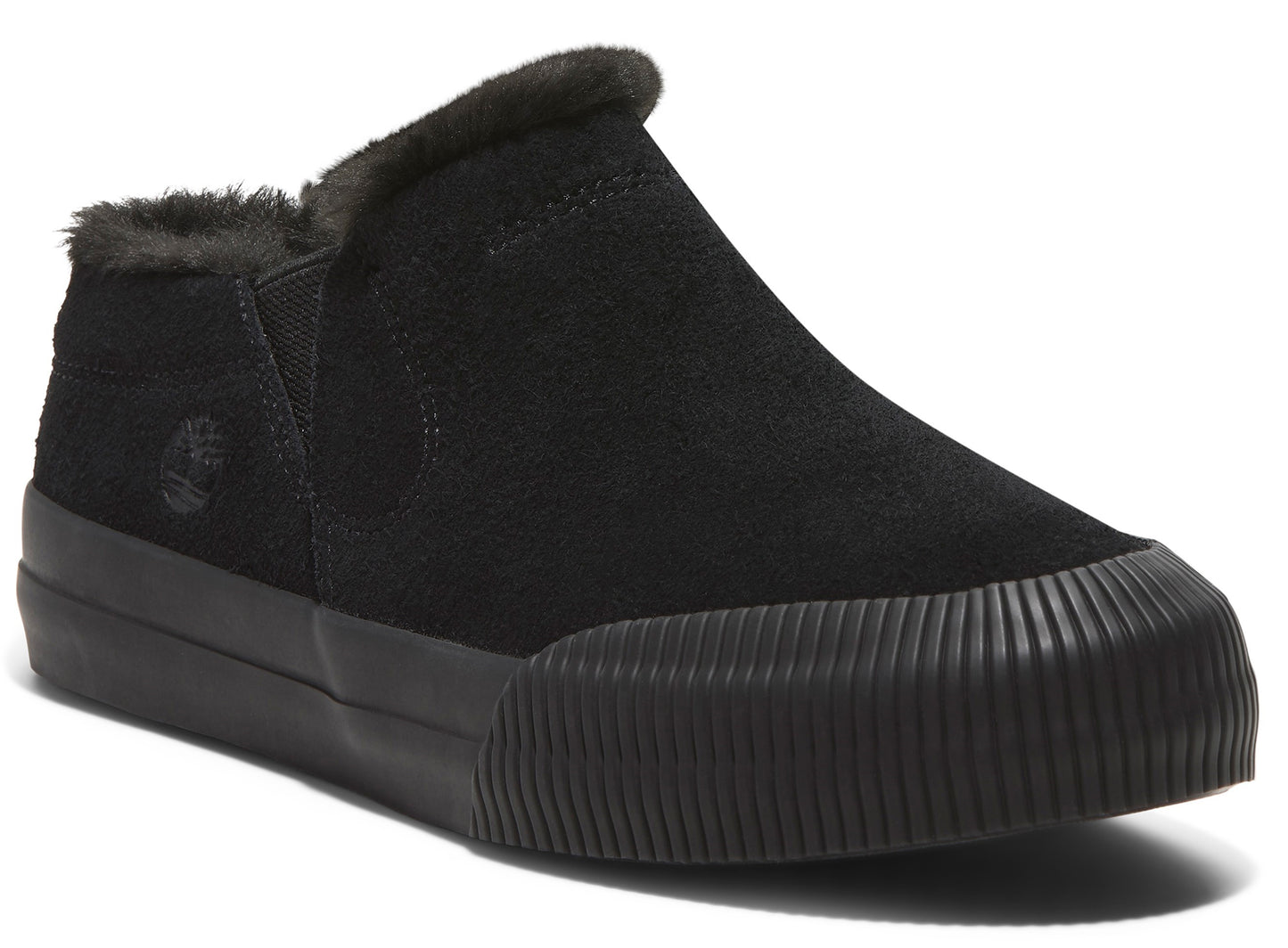 A black suede slip-on shoe with a black ridged sole and faux fur lining.