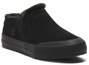 A black suede slip-on shoe with a black ridged sole and faux fur lining.