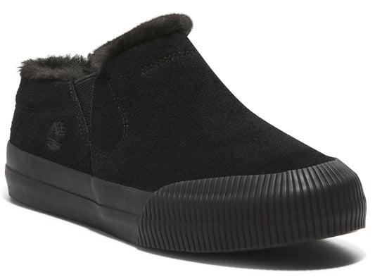 A black suede slip-on shoe with a black ridged sole and faux fur lining.