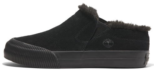 Black Timberland slip-on sneaker with fur lining.