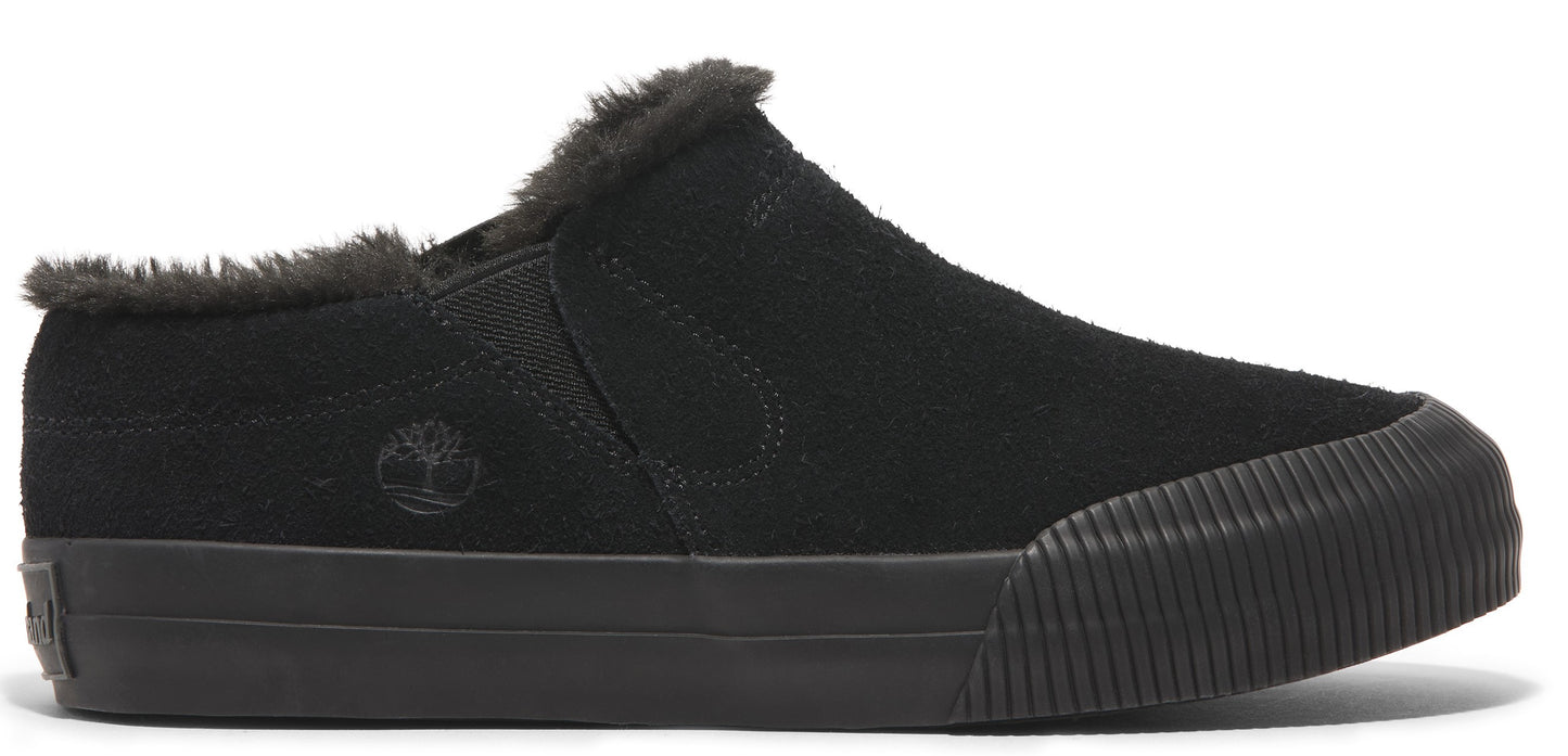 Black slip-on shoe with fur trim.