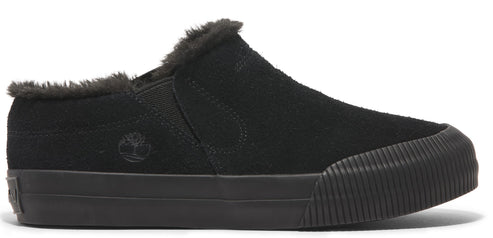 Black slip-on shoe with fur trim.