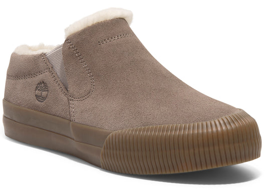 A slip-on shoe with faux fur lining, suede upper and rubber sole.
