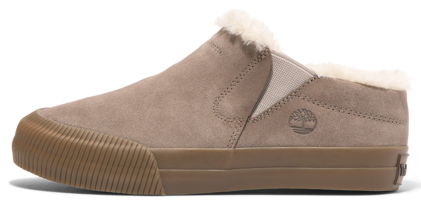 A taupe-colored, slip-on shoe with a rubber toe and fur lining.