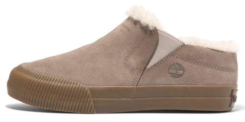A taupe-colored, slip-on shoe with a rubber toe and fur lining.