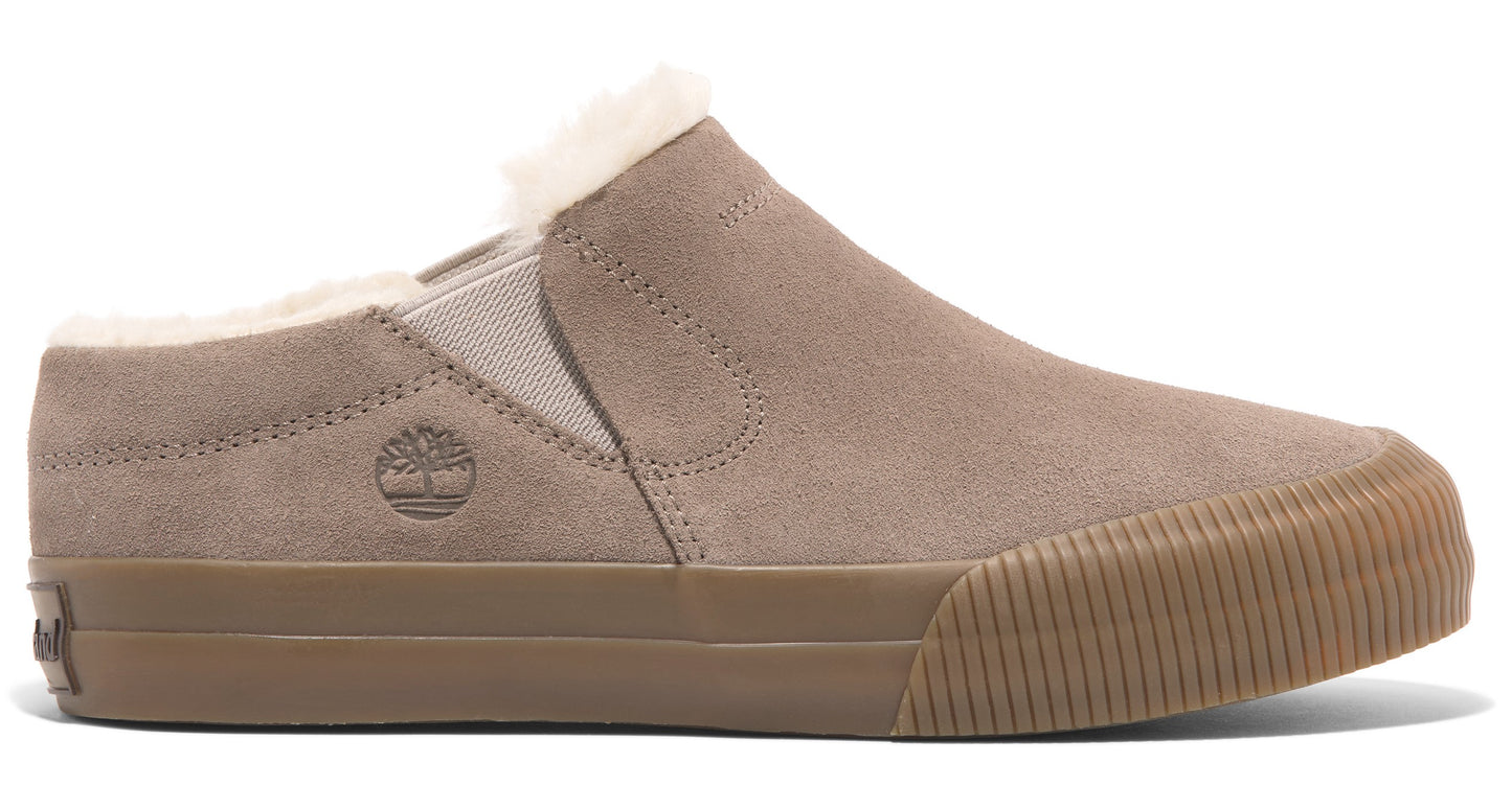 Taupe suede slip-on sneaker with faux fur lining and brown ridged sole.