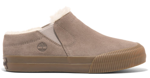 Taupe suede slip-on sneaker with faux fur lining and brown ridged sole.
