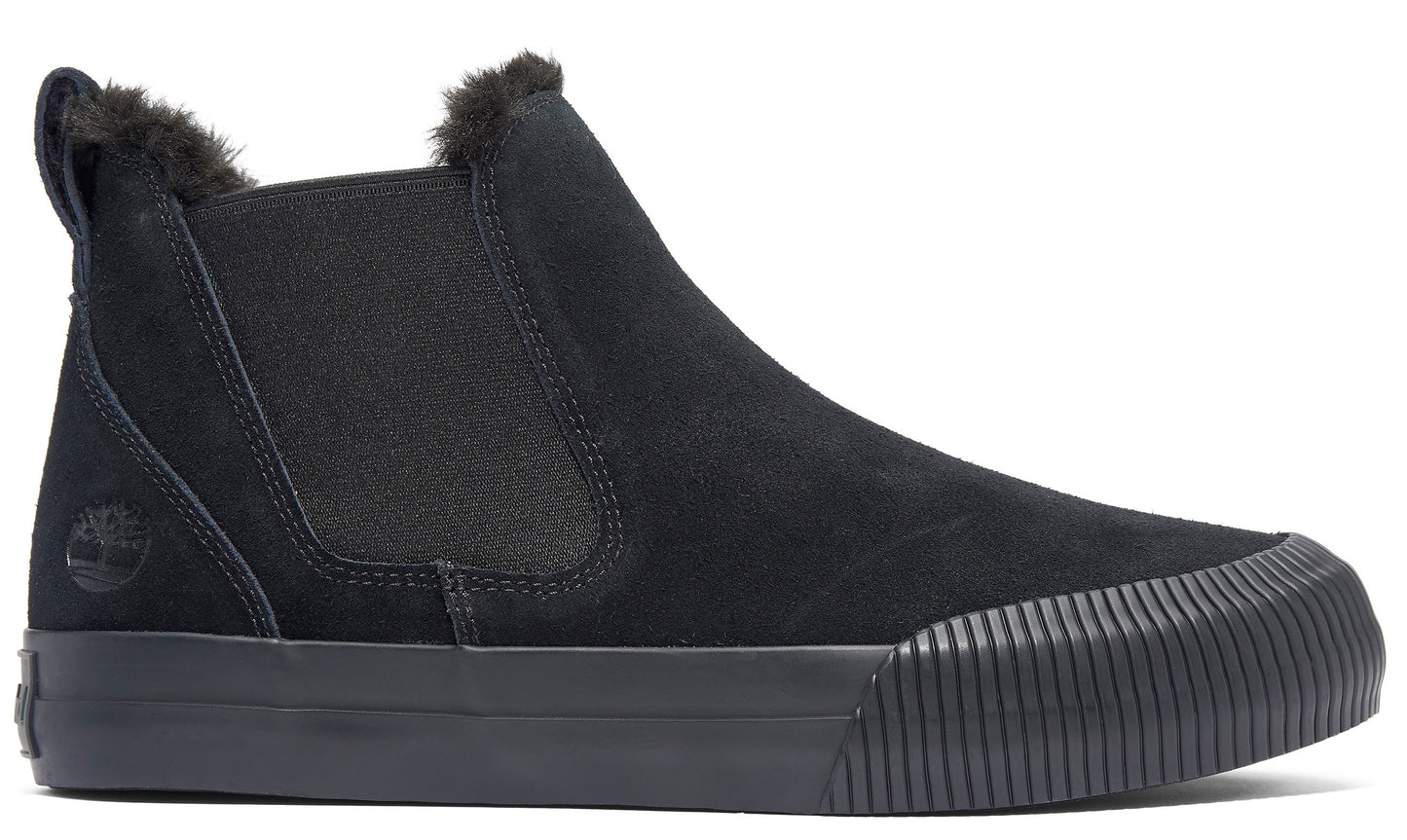 Black ankle boot, suede upper, ribbed toe bumper, and elastic side panels.