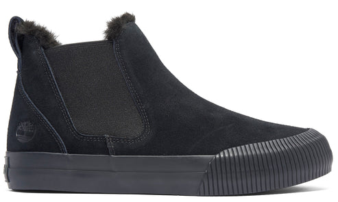 Black ankle boot, suede upper, ribbed toe bumper, and elastic side panels.