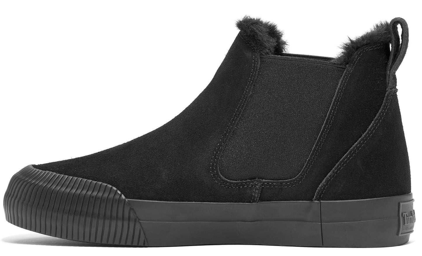 Black, ankle-high Chelsea-style sneaker with a rubber toe cap and faux fur trim around the opening.