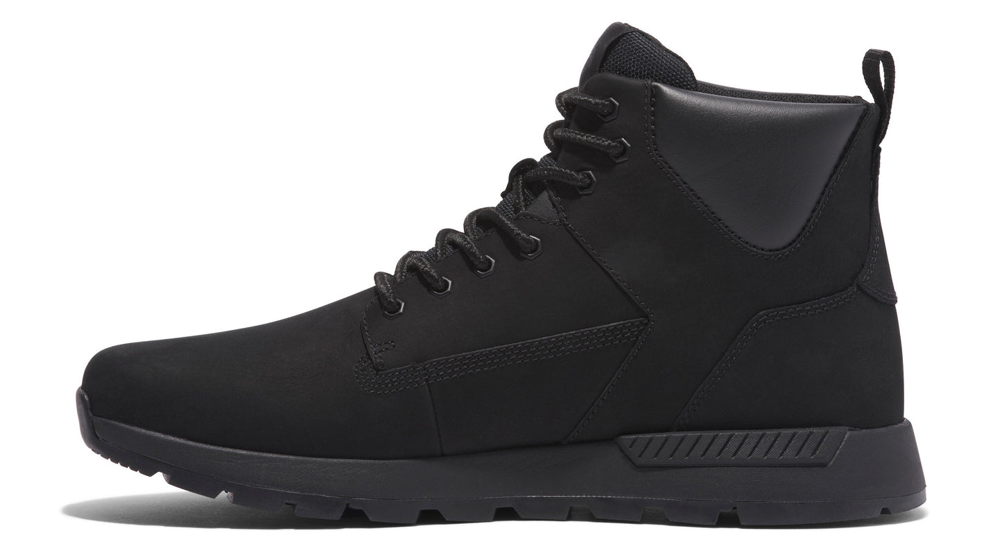 A black high-top boot with a black sole and laces.
