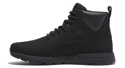 A black high-top boot with a black sole and laces.