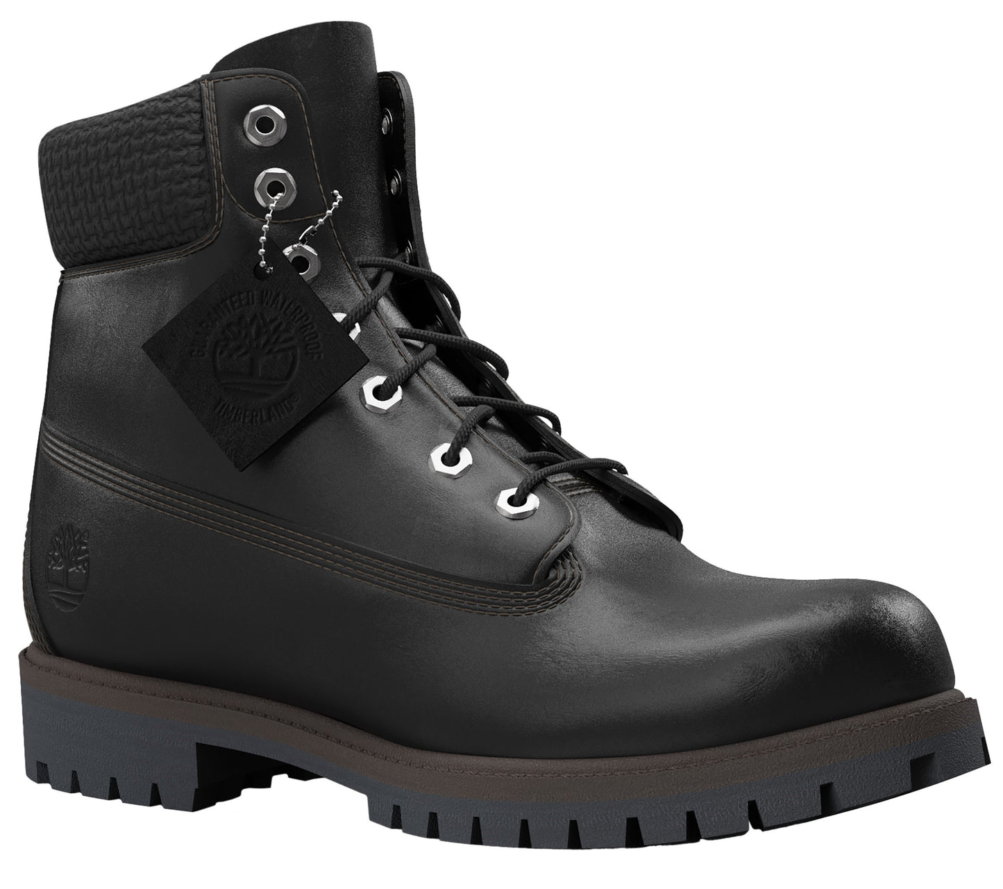 A black leather work boot with a thick, dark grey sole and dark laces.