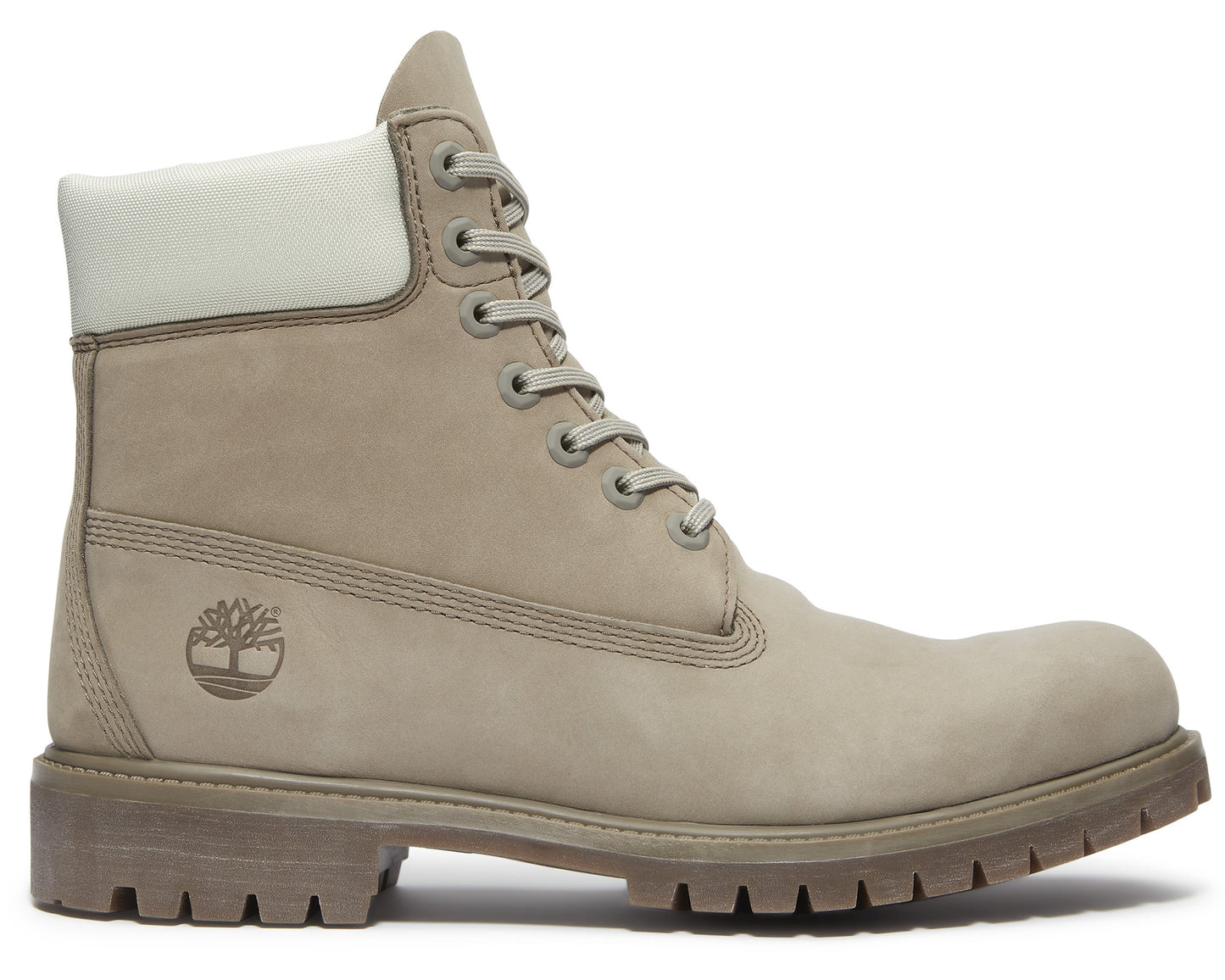 Tan leather boot with a thick sole and a padded white collar.