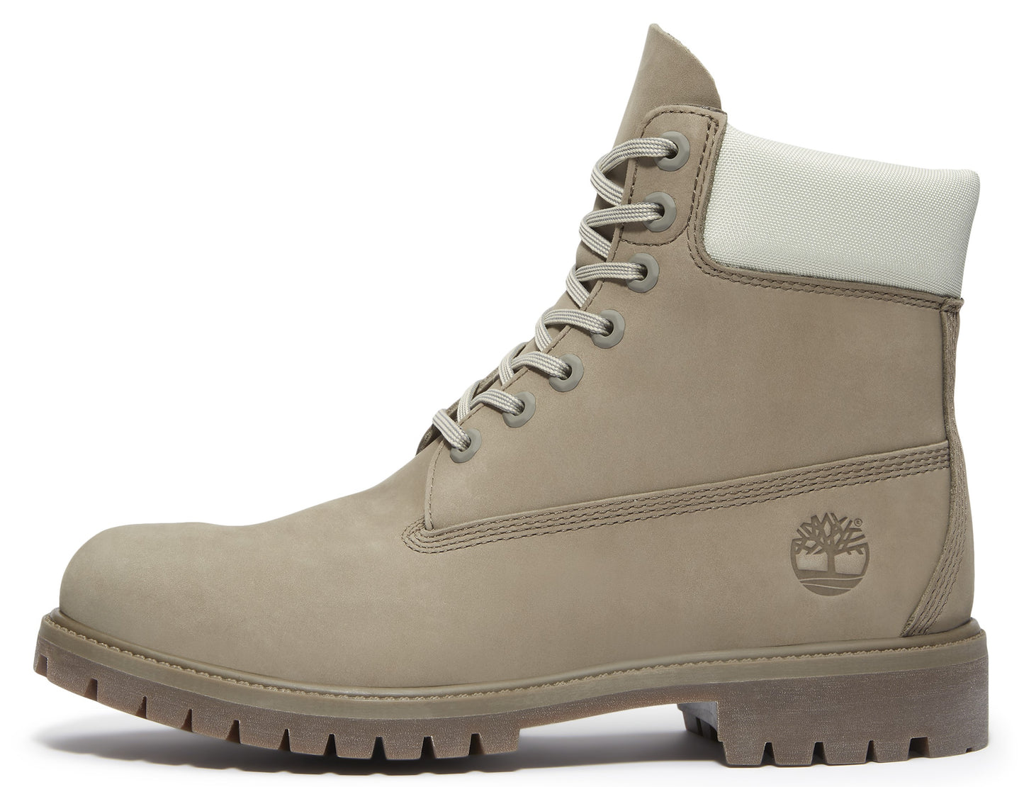 Beige leather work boot with off-white padded collar, lace-up closure, lug sole and embossed tree logo.