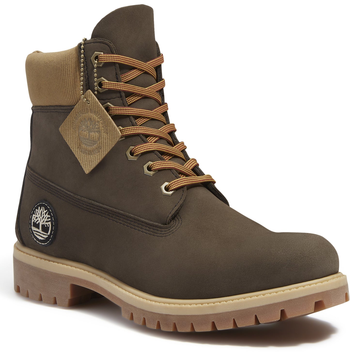 Dark brown work boot with tan padded collar and light brown sole with laces and logo.