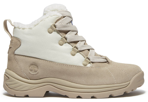 Beige suede boot with white canvas shaft and faux fur lining.