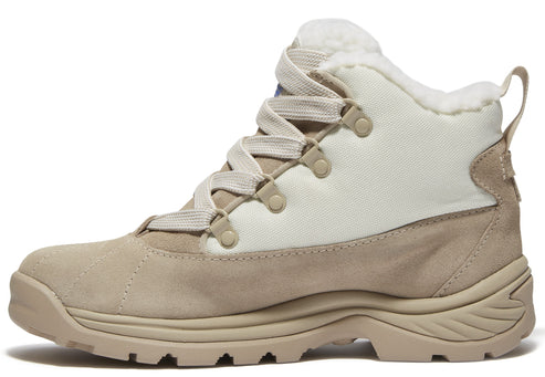 Tan lace-up boot with faux fur trim.