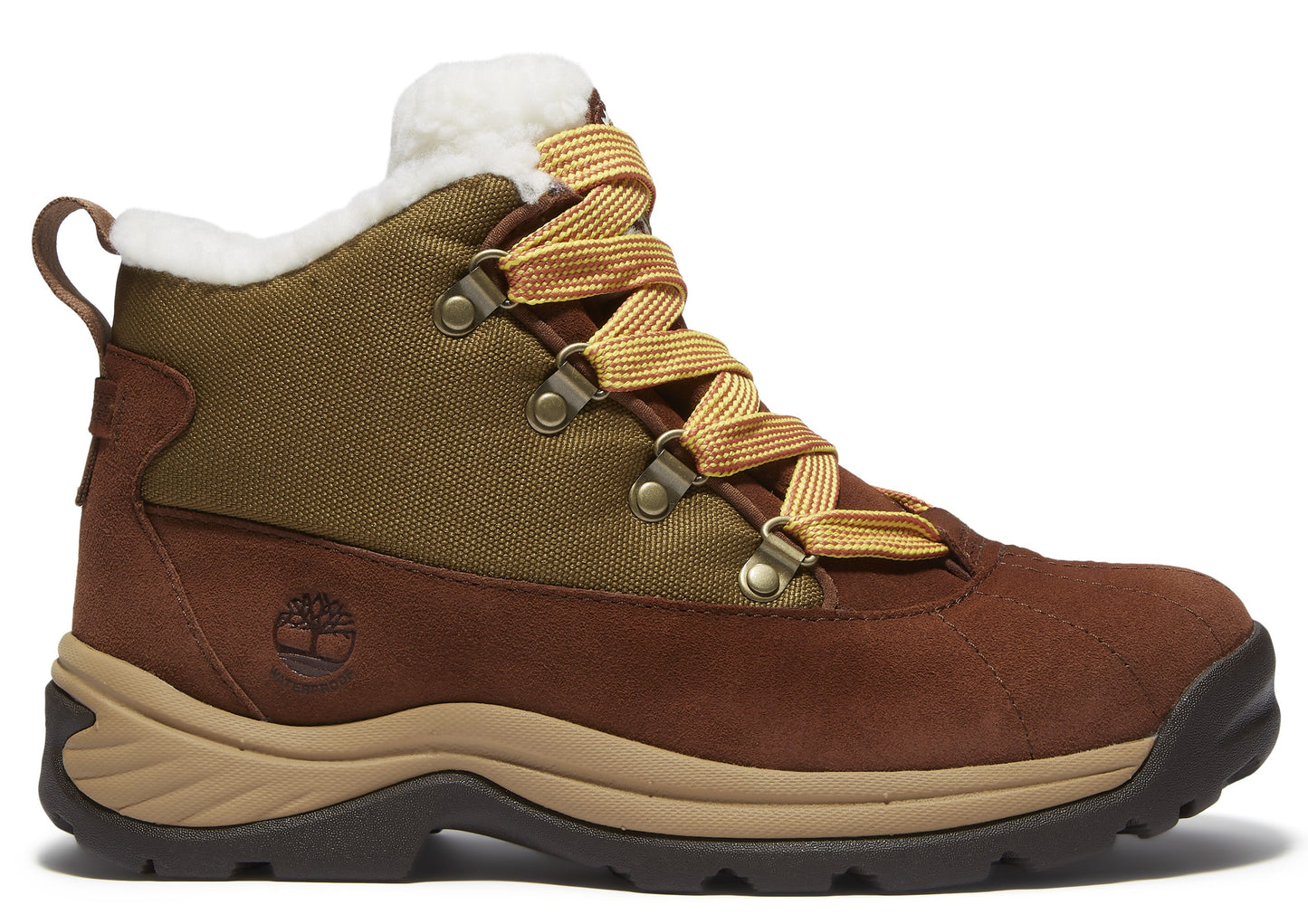 A brown suede and green canvas high-top boot with a tan midsole, brown outsole, and gold patterned laces.