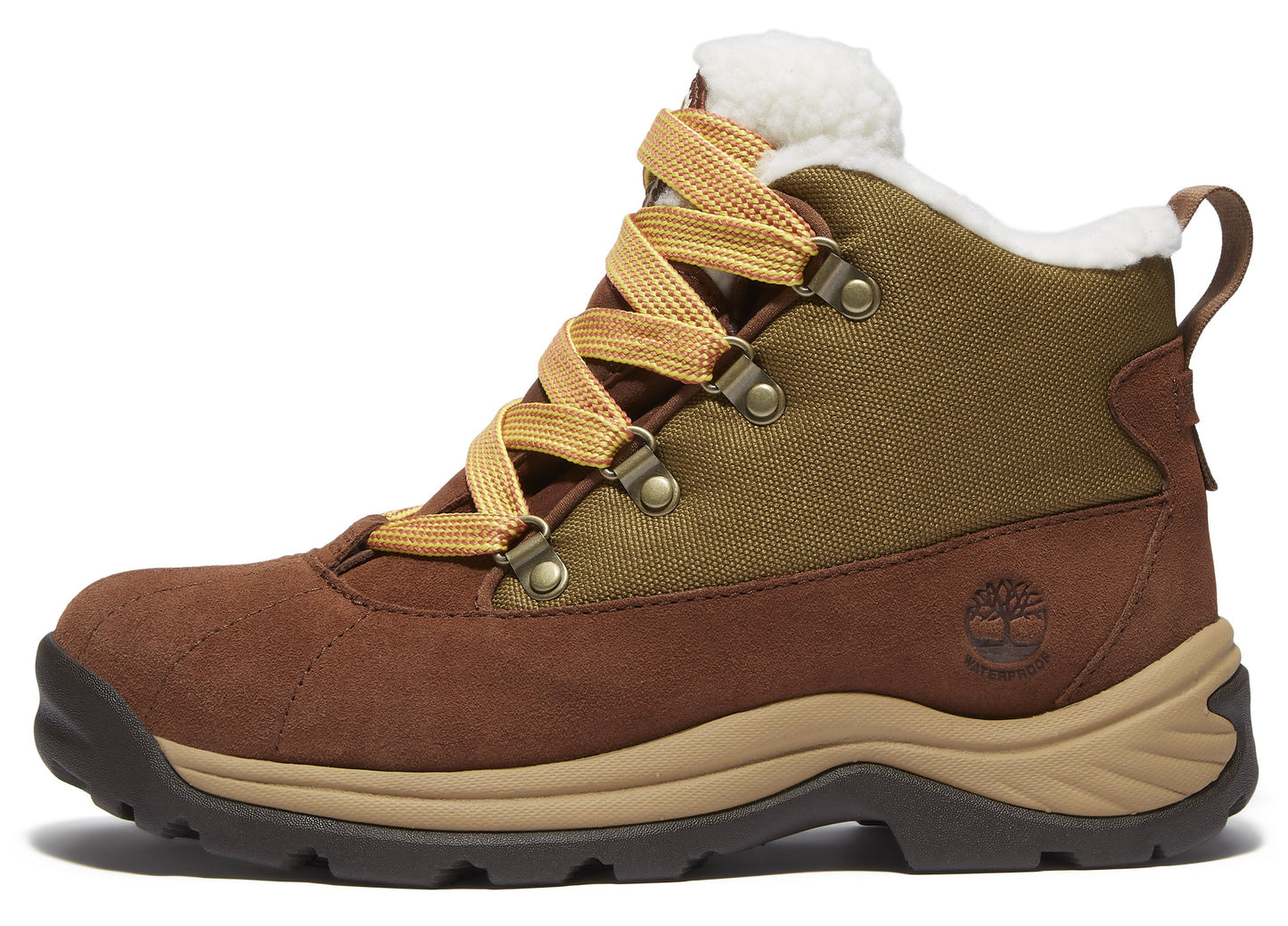 Side view of brown and olive green hiking boot with light brown laces and tan sole.