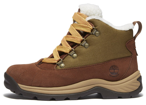 Side view of brown and olive green hiking boot with light brown laces and tan sole.