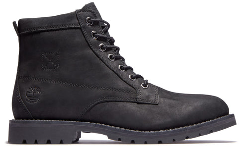 A black, ankle-high leather work boot with metal eyelets.