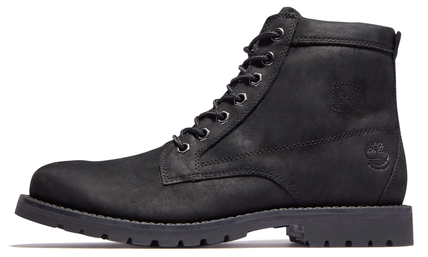 Black leather lace-up ankle boot with a textured outsole.