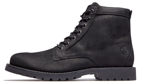 Black leather lace-up ankle boot with a textured outsole.