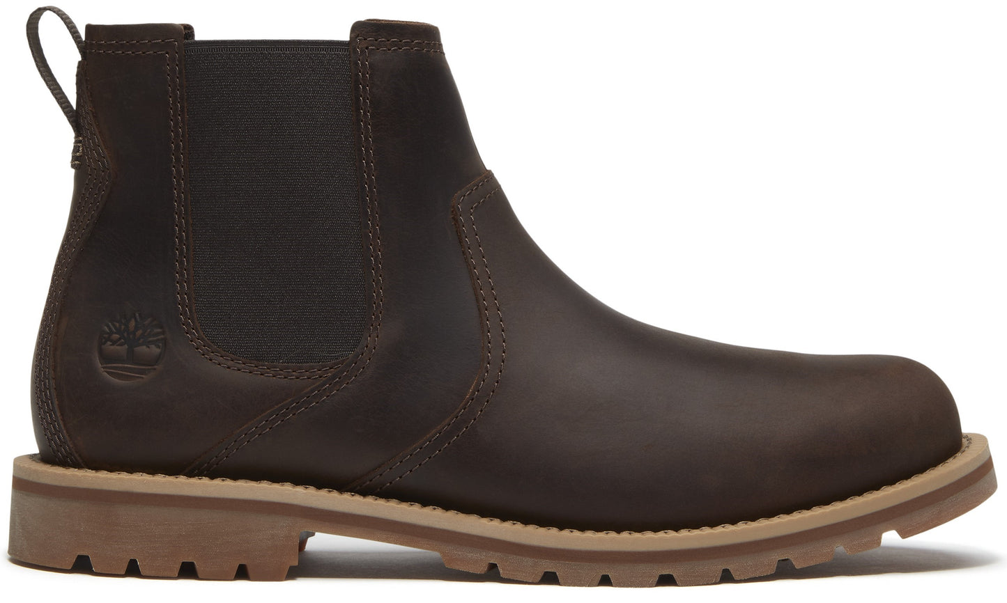 A dark brown leather Chelsea boot with a tan lug sole and a small debossed tree logo on the side.