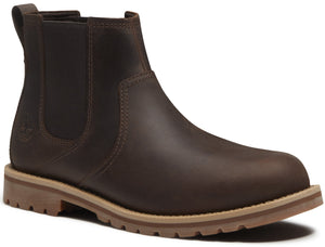 A dark brown leather Chelsea boot with a thick, tan, lugged rubber sole and a small branded tree logo embossed on the side.