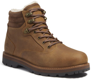Tan-colored leather boot with brown laces, bronze metal eyelets, padded collar, and shearling lining.
