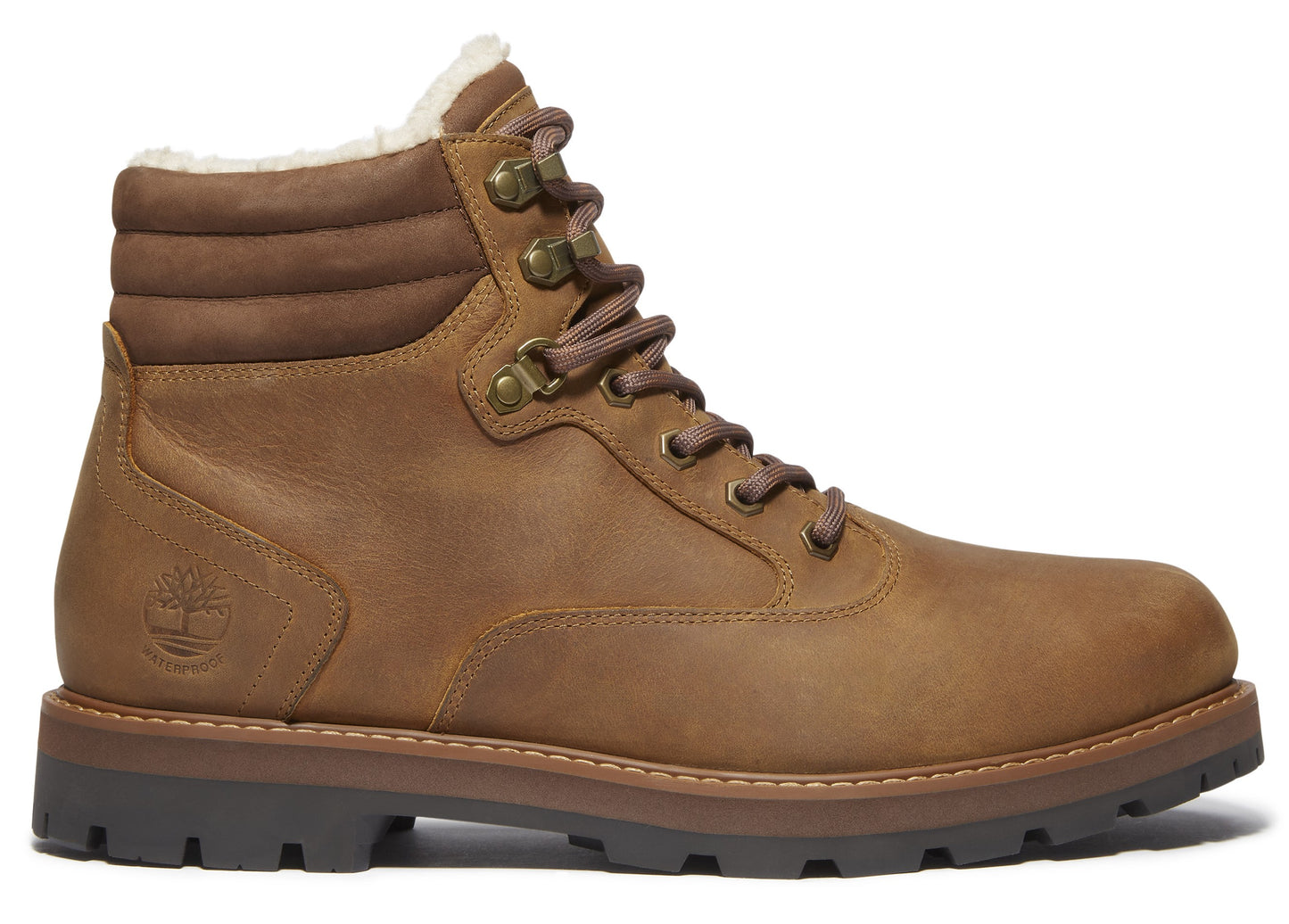 Brown leather boot with faux fur lining and metal eyelets.