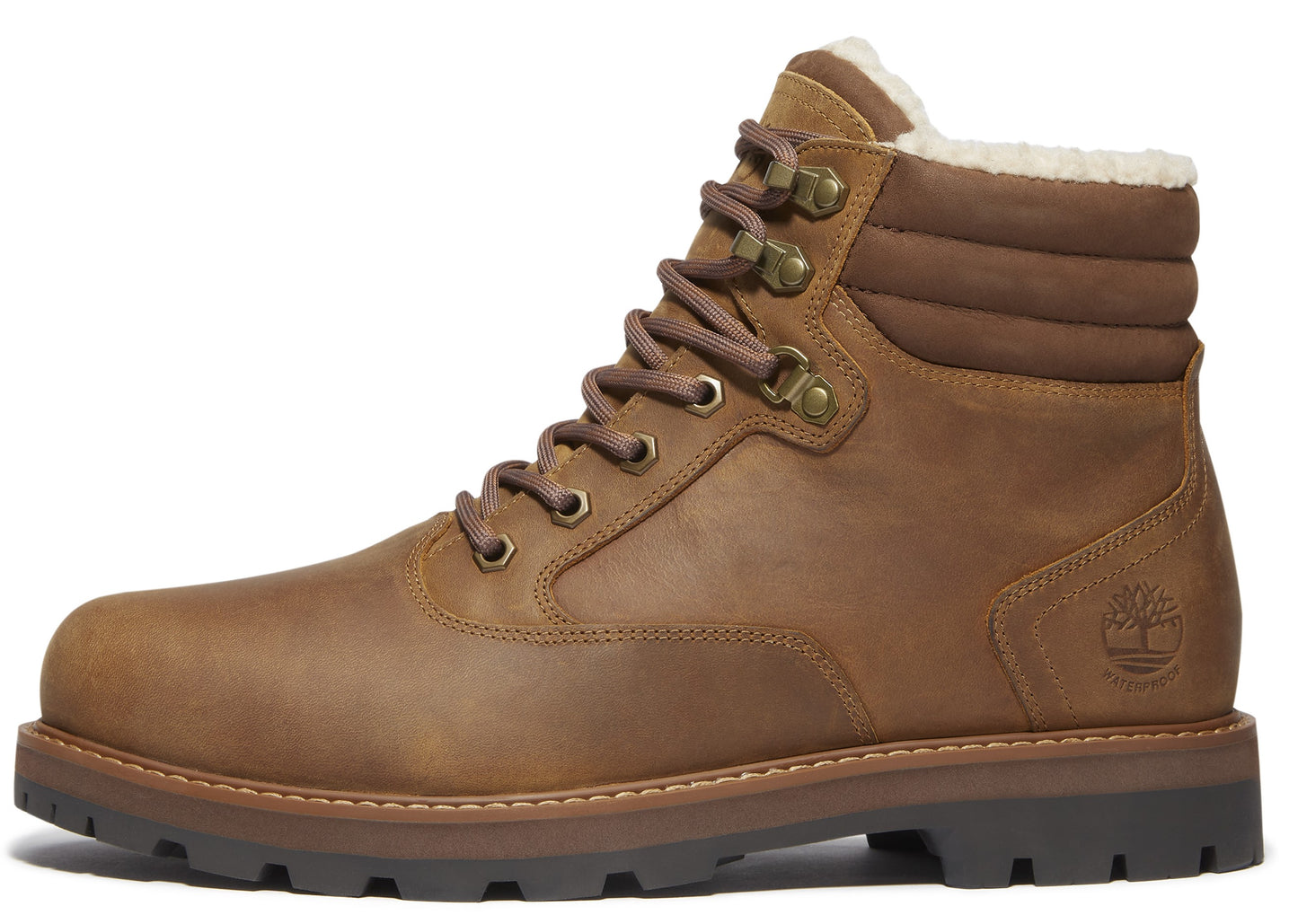 Brown leather hiking boot with padded collar and a tree logo on the side.