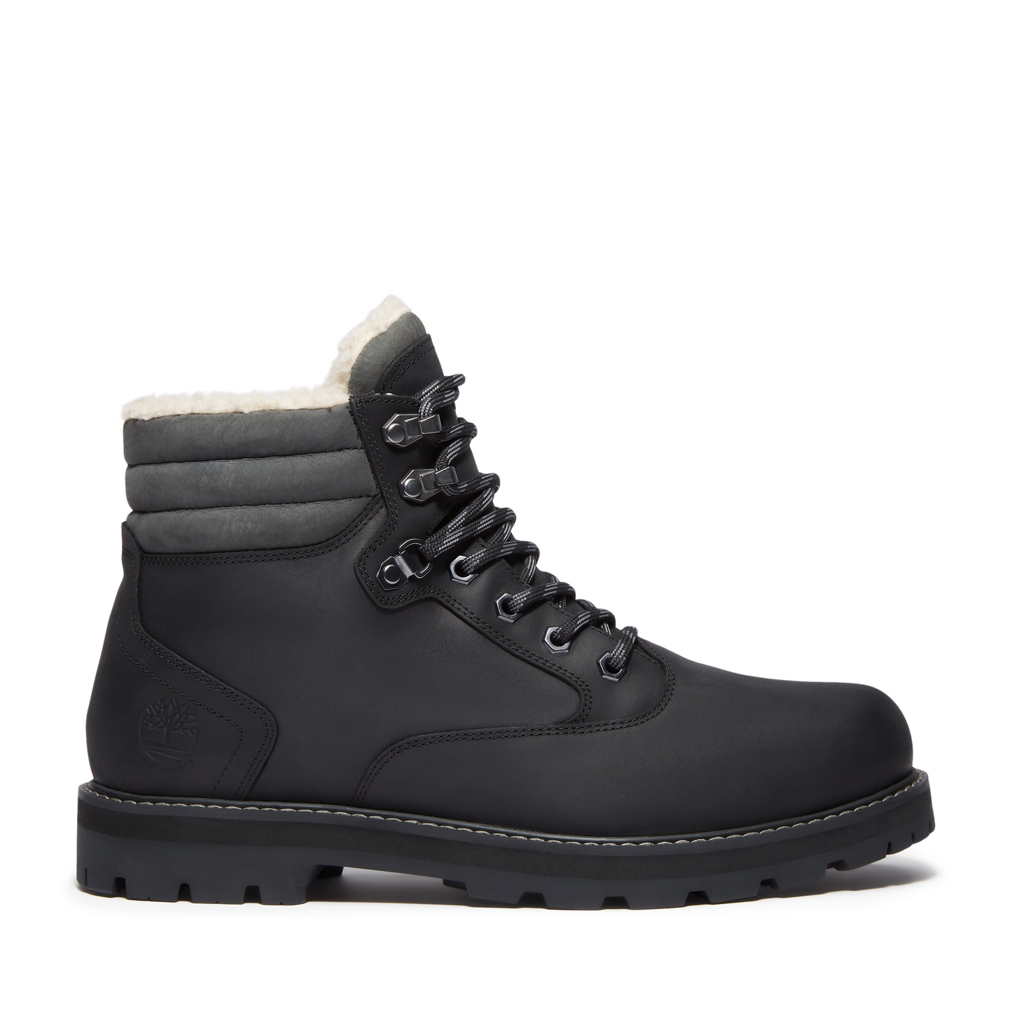 Black leather hiking boot with grey padded collar, a faux fur lining, and dark laces.