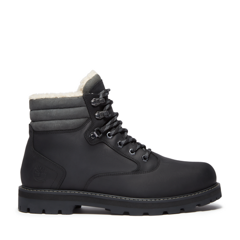 Black leather hiking boot with grey padded collar, a faux fur lining, and dark laces.
