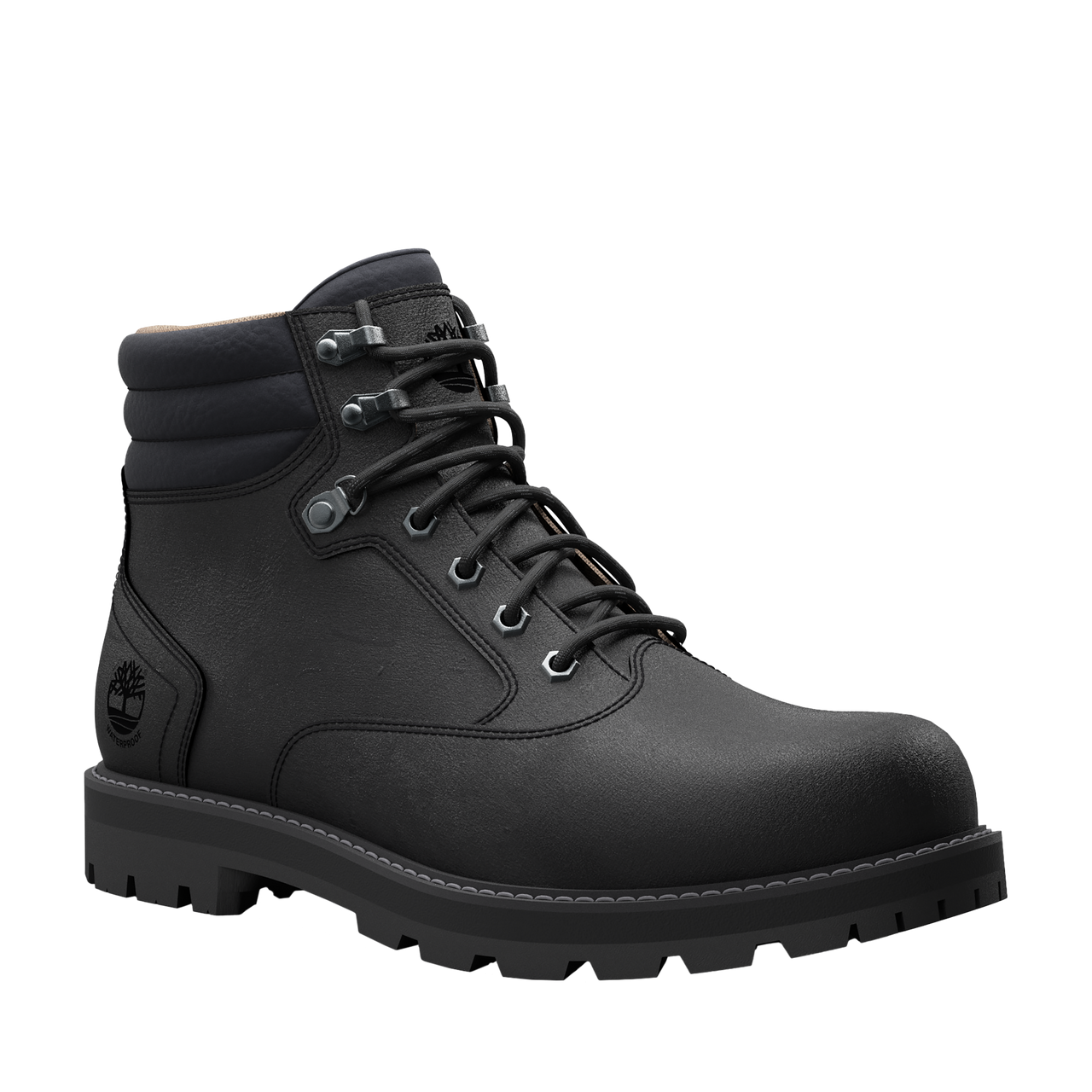 Black leather work boot with metal eyelets and thick lug sole.