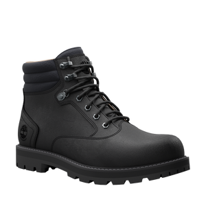 Black leather work boot with metal eyelets and thick lug sole.